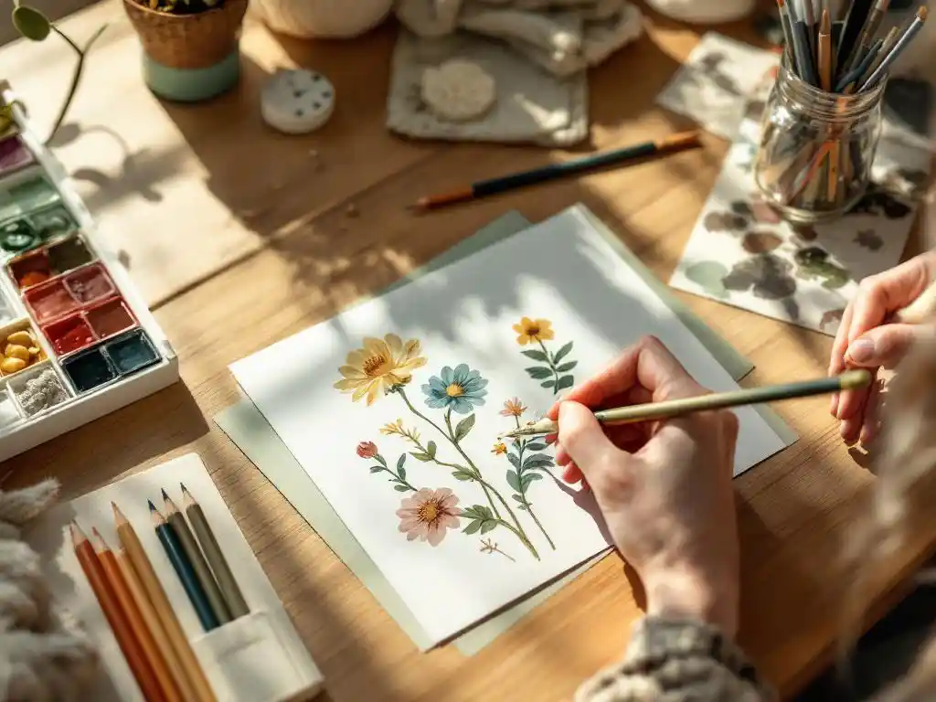 Handen schilderen waterverf bloemen op getextureerd papier met kleurpotloden, breinaalden en vetplant op houten bureau