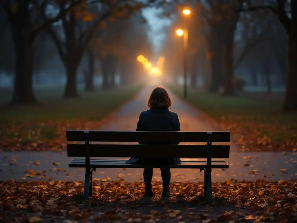 Persoon zit alleen op parkbank bij schemering, kijkt naar mistig pad met gevallen herfstbladeren en warme straatverlichting