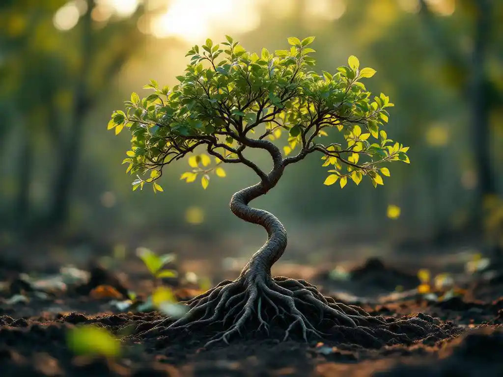 Jonge boom met buigzame takken die graceus bewegen in sterke wind, stevig geworteld in donkere aarde, omringd door gevallen starre takken