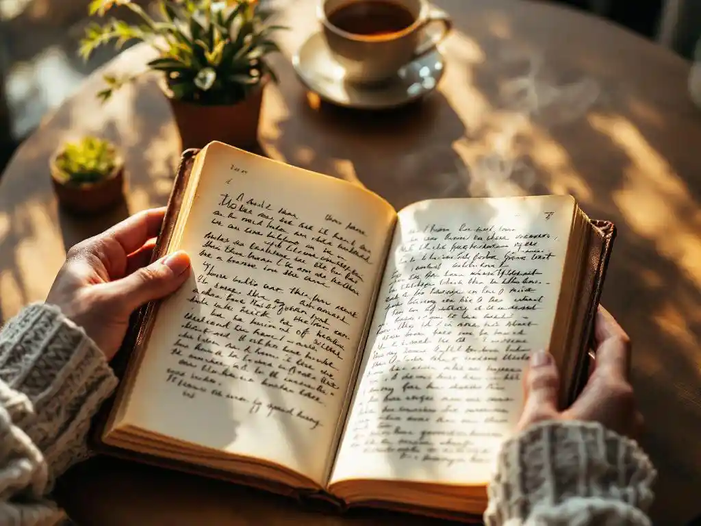 Handen houden open leren dagboek met handgeschreven pagina's naast dampende thee en vetplant op houten tafel in warm zonlicht
