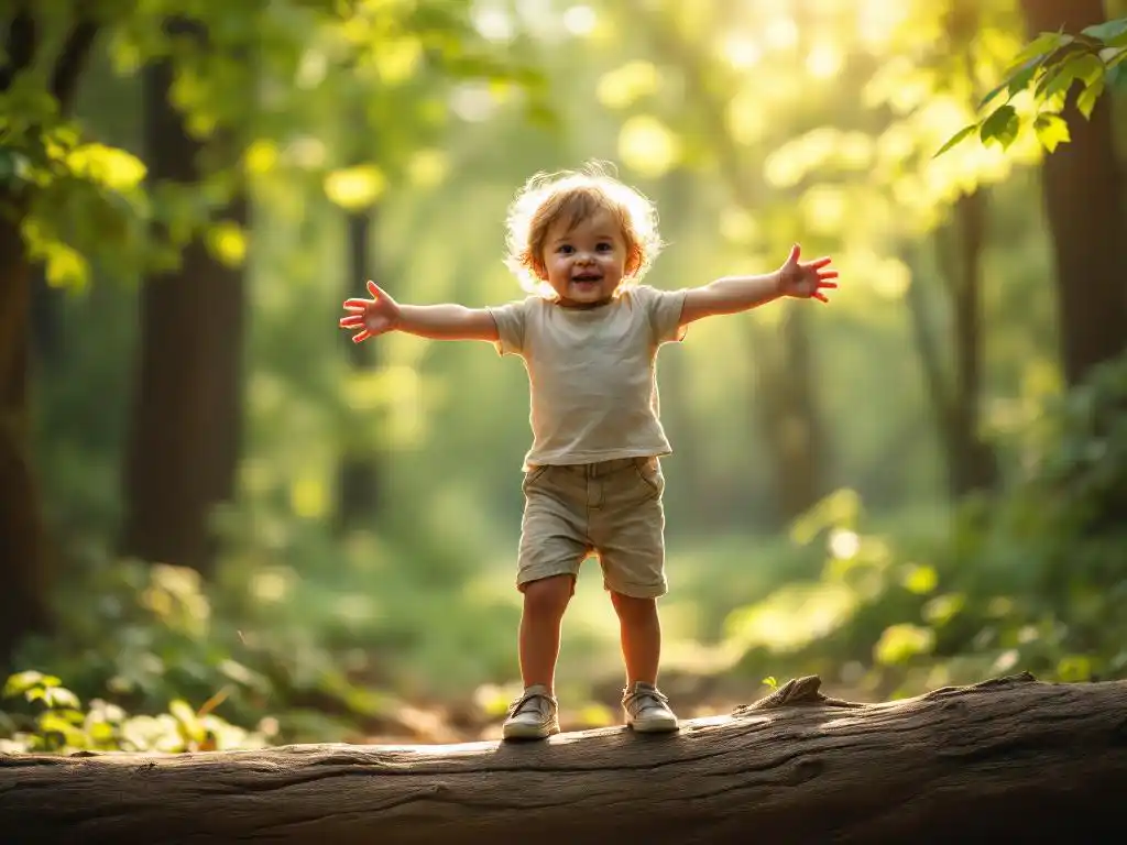 Jong kind balanceert zelfverzekerd op gevallen boomstam in bosopen plek, armen gespreid, zonlicht filtert door bladeren