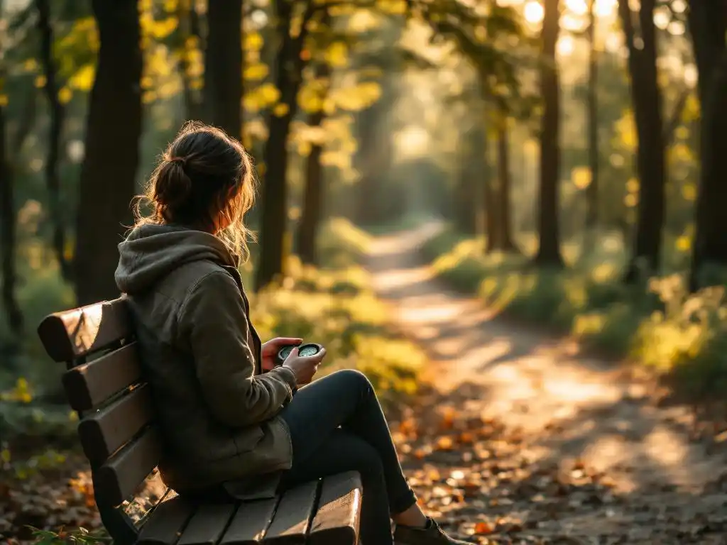 Persoon zit rustig op houten parkbank met kompas in handen, ochtendlicht filtert door bomen op bospad