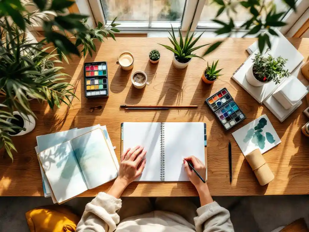 Handen schikken kleurrijke kunstbenodigdheden en schetsboeken op houten tafel bij raam met natuurlijk licht