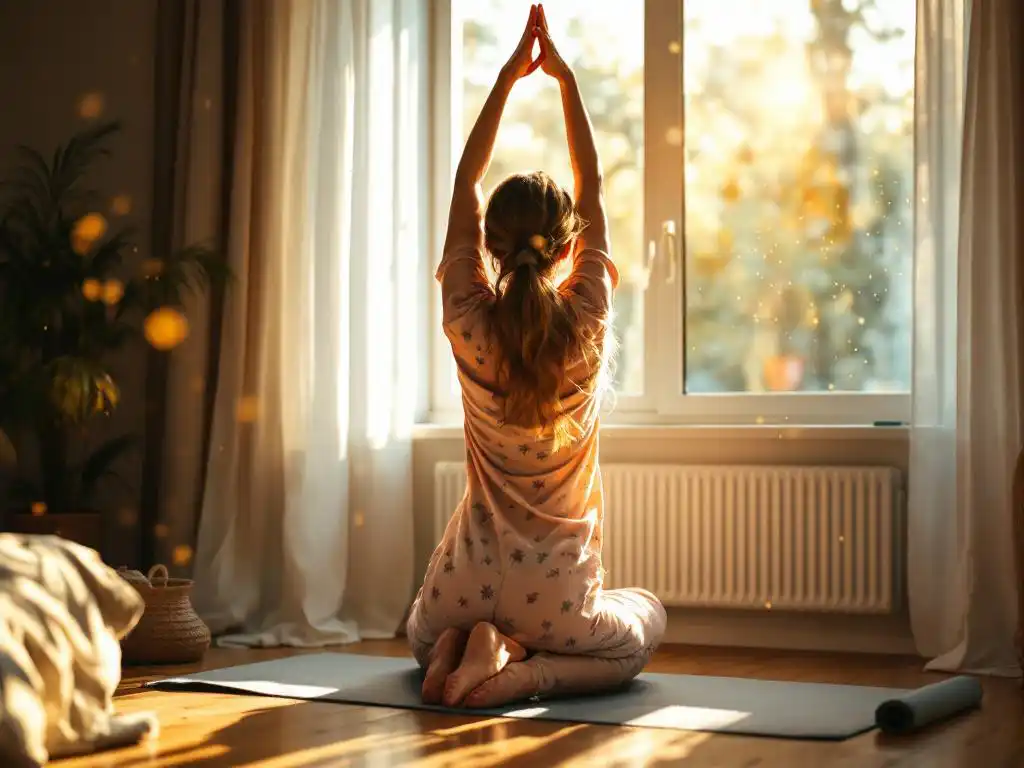 Persoon in pyjama strekt armen naar helder raam in gezellige woonkamer met yogamat en gouden ochtendlicht