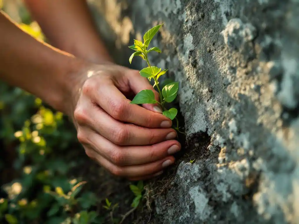Handen verzorgen klein groen plantje dat groeit door scheur in verweerd beton, zachte ochtendzon creëert warme gouden gloed