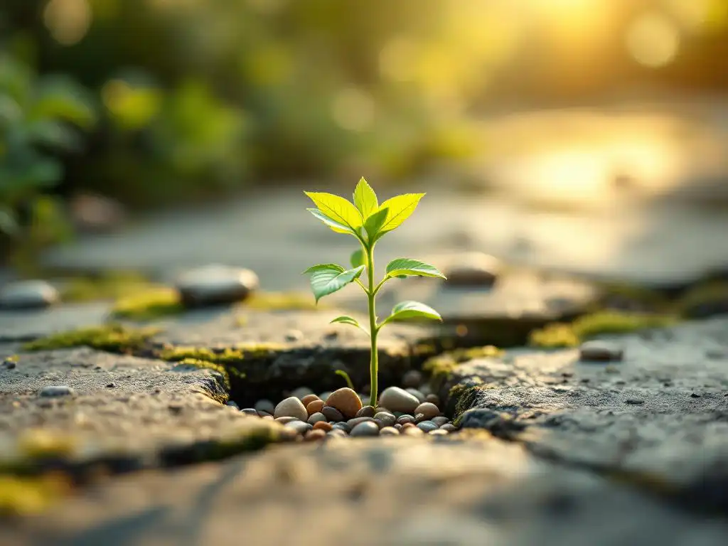 Kleine groene plant groeit door scheur in verweerd beton, omringd door kiezels en mos in therapeutische tuin