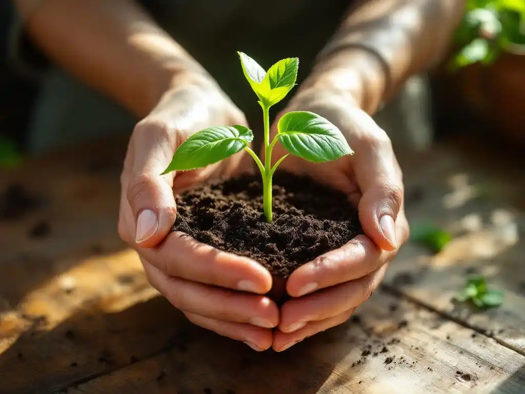 Handen beschermen jonge groene plant in terracotta pot op houten tafel bij raam met ochtendlicht