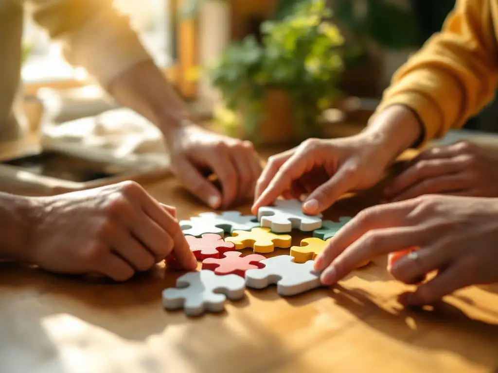 Diverse handen plaatsen kleurrijke puzzelstukjes samen op houten tafel in therapeutische setting met natuurlijk licht
