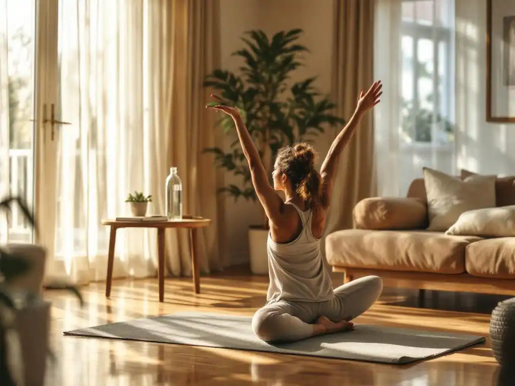 Persoon doet zachte rekoefeningen op yogamat in zonnige woonkamer met waterles en wellness dagboek op salontafel
