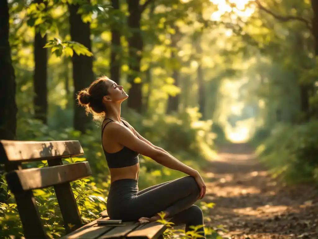 Persoon in sportkleding strekt uit op houten parkbank tussen groene bomen, ochtendlicht filtert door bladeren