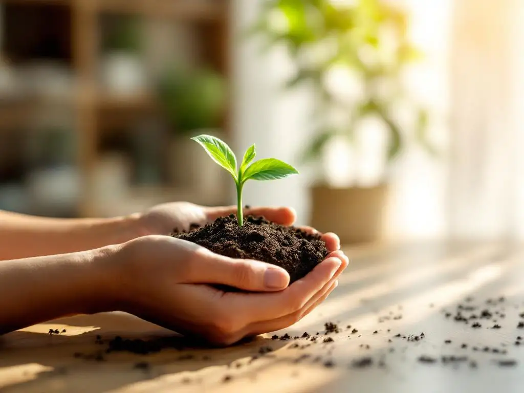 Therapeut houdt kleine groene plant in rijke aarde op houten bureau in zonnig kantoor met warme natuurlijke verlichting