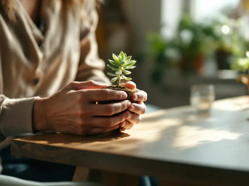 Therapeuthanden houden voorzichtig kleine bloeiende vetplant in warme counselingkamer met natuurlijk licht