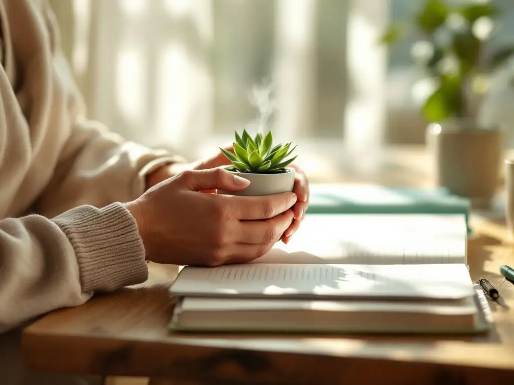 Therapeutenhanden houden zacht een kleine vetplant vast aan houten bureau in zonnig kantoor met open notitieboeken en dampende mok