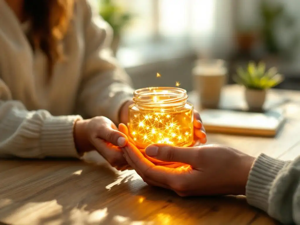 Handen houden glazen pot met gouden licht vast op houten bureau in therapeutenkantoor met natuurlijk zonlicht