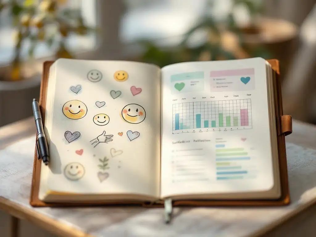 Therapeut notitieboek met waterverf gezichten en harten naast klinische grafieken en tevredenheidschalen in counselingkantoor