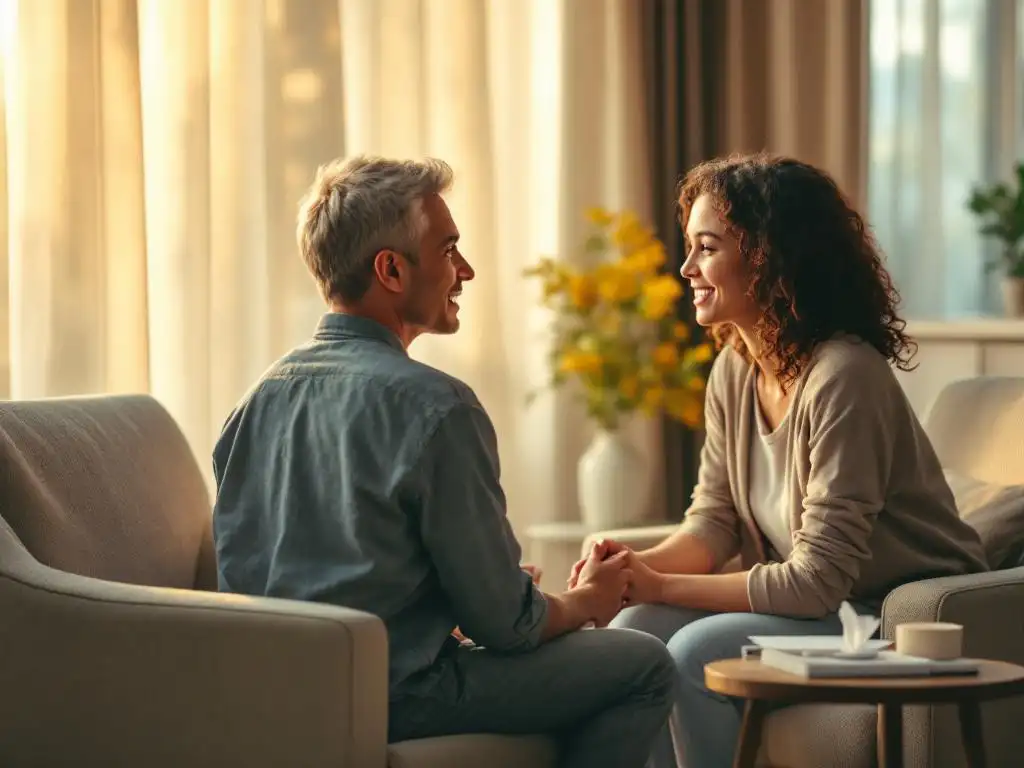 Geestelijke gezondheidsspecialist in gesprek met jongere in warme therapieruimte met zachte belichting