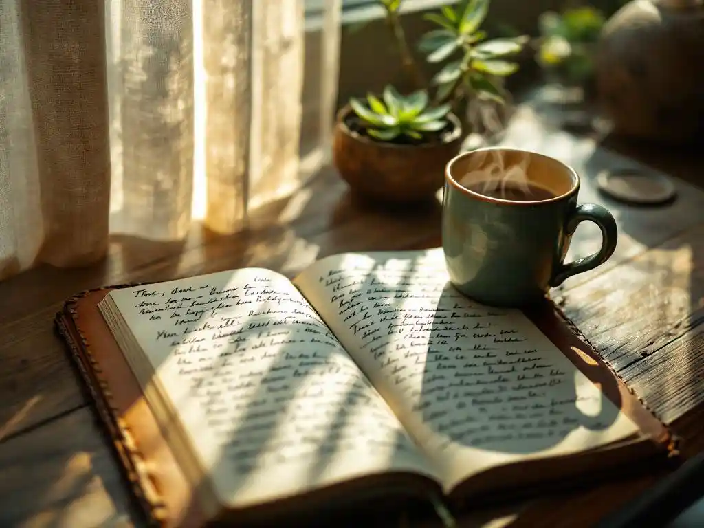 Open leren dagboek naast dampende mok op houten bureau in therapiekantoor, zachte middag licht door gordijnen