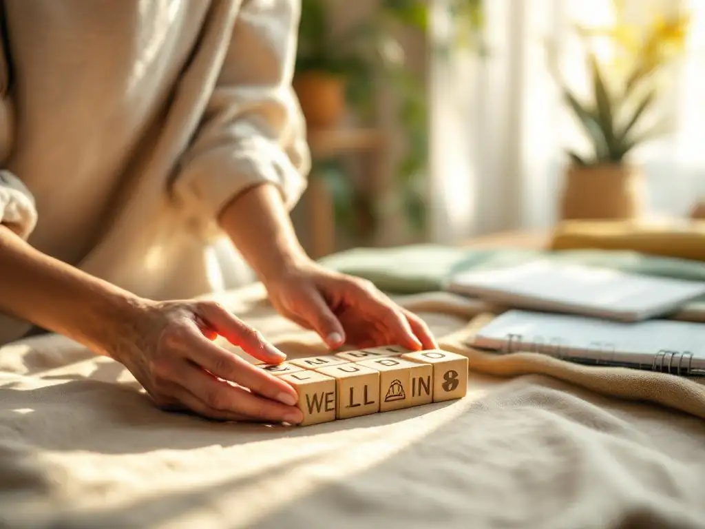 Therapeut rangschikt kleurrijke houten blokken met welzijnssymbolen op eiken tafel tijdens therapiesessie