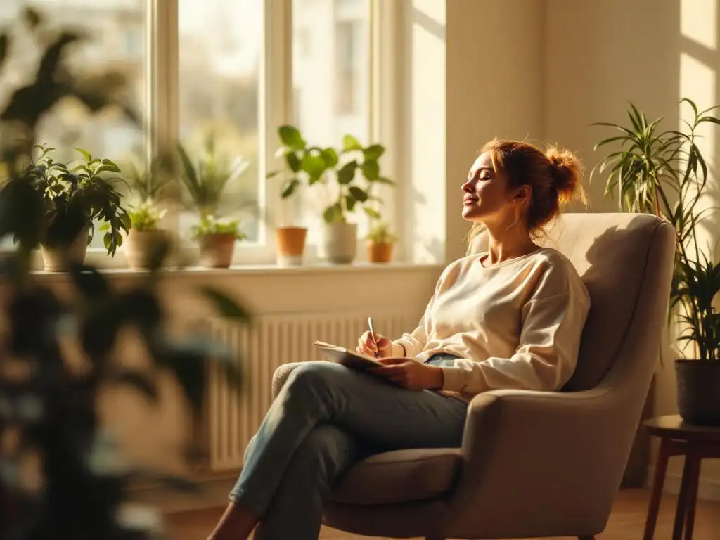 Persoon zit ontspannen in therapeutenstoel met notitieboek, zachte natuurlijke verlichting door grote ramen