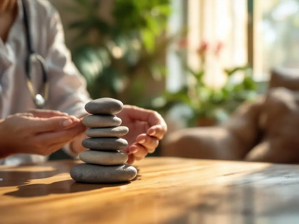 Therapeuthanden stapelen vijf gladde rivierstenen in evenwicht op houten bureau in rustige counselingkamer met natuurlijk licht