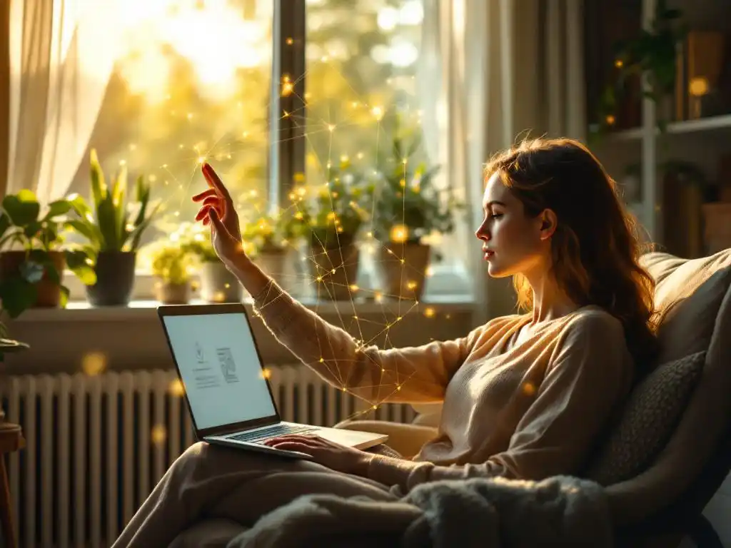 Persoon in thuiskantoor raakt gouden draden aan die van laptop naar kamerplanten en meubilair leiden in warm zonlicht