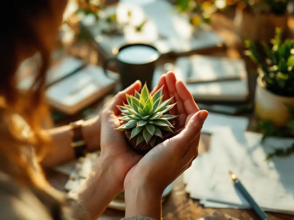 Handen houden kleine vetplant vast aan rommelig bureau met notebooks en koffiekop, zachte gouden raamverlichting