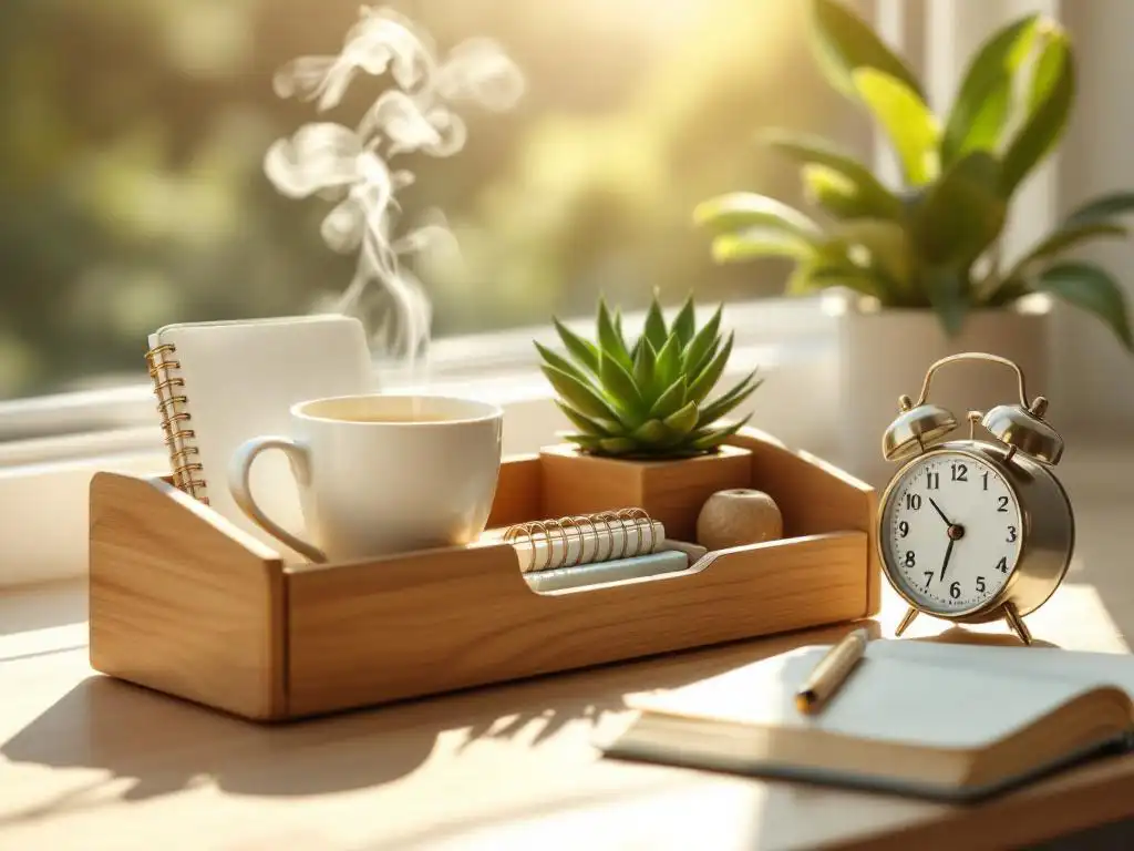 Houten bureauorganizer met wellness items: dampende kruidenthee, open dagboek met pen, vetplant en wekker bij raam
