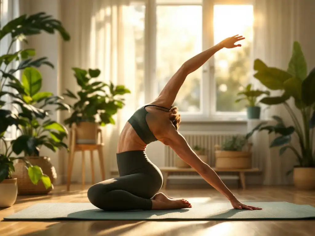 Persoon in sportkleding strekt op yogamat in zonnige therapieruimte met houten vloeren en groene planten
