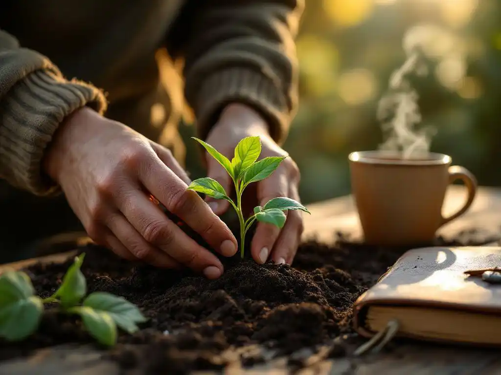 Handen planten voorzichtig groene zaailing in donkere aarde, met dagboek en koffiemok op houten tuintafel bij zonsopgang