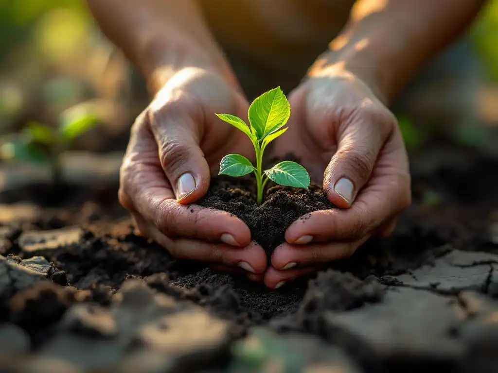 Verweerde handen planten kleine groene zaailing in rijke donkere aarde, omringd door gebarsten droge grond