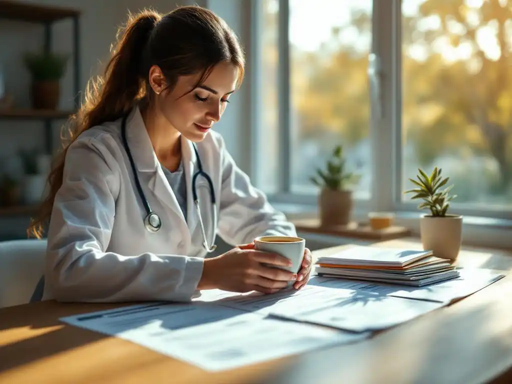 Zorgverlener houdt koffiekop vast terwijl hij patiënttevredenheidsonderzoeken bekijkt aan houten bureau bij raam