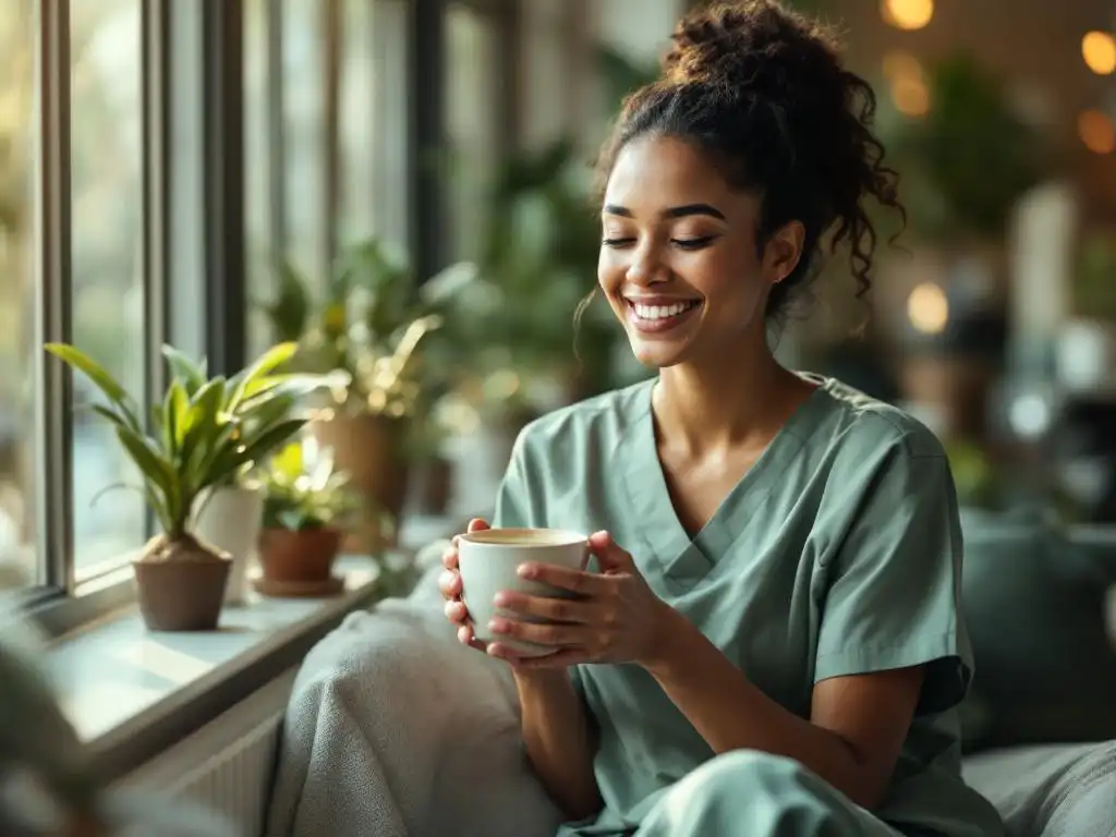 Glimlachende zorgverlener in scrubs geniet van koffie in lichte pauzeruimte met planten bij raam