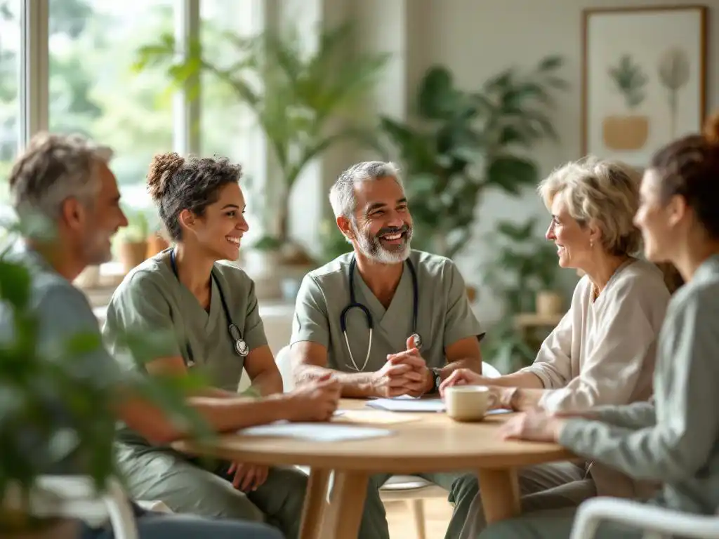 Diverse zorgverleners in gesprek rond tafel in lichte therapieruimte met natuurlijk licht en planten