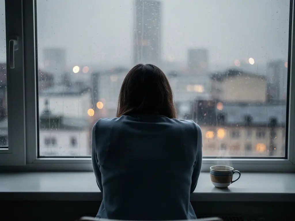 Eenzame persoon bij regenachtig raam met zicht op wazige stadslichten, kopje thee op de vensterbank, melancholische sfeer in blauw en amber.