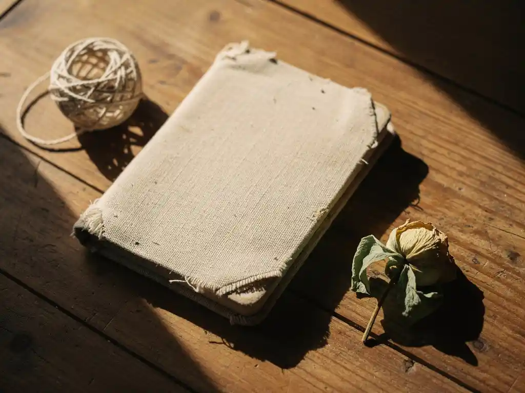 Versleten dagboek uit de kindertijd op een zonnig houten tafel, naast een kluwen touw en een verwelkte bloem, warme amberkleurige tinten.